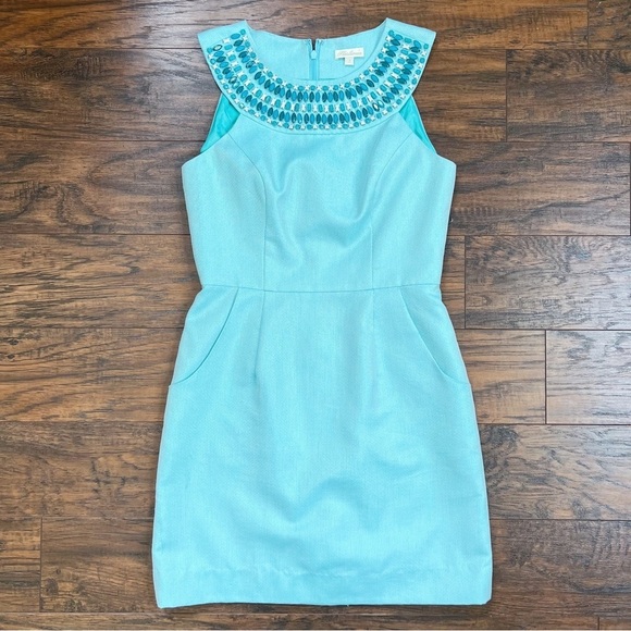 Shoshanna • Jewel Neck Sheath Dress mini cocktail aqua turquoise embellished - Picture 2 of 10